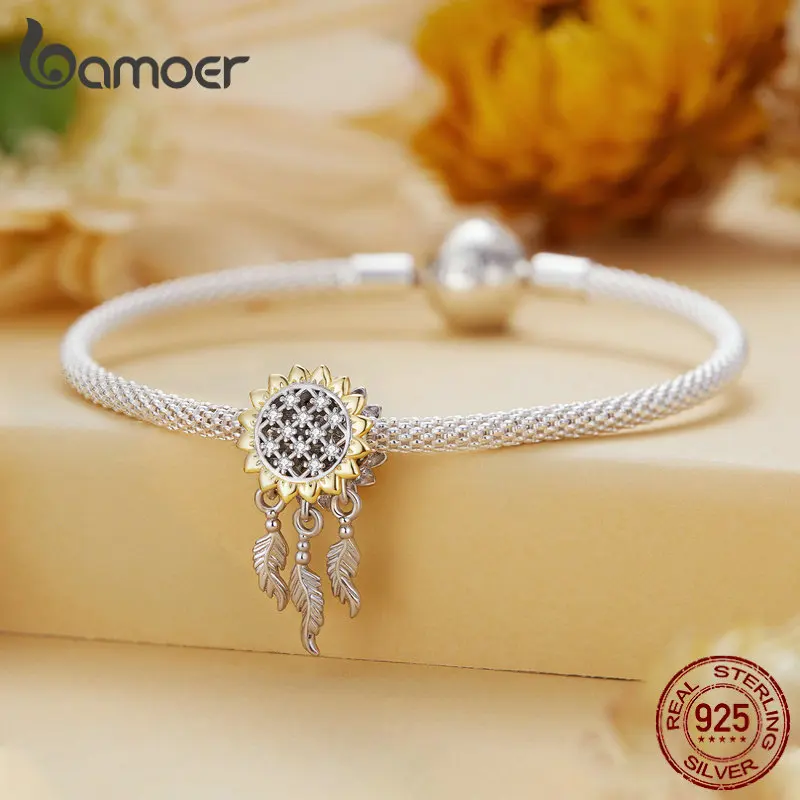 Bamoer 925 Sterling Silver Daisy Heart Beads Sunflower Pendant Charms for Women Bracelet and Necklace DIY Fine Jewelry images - 6