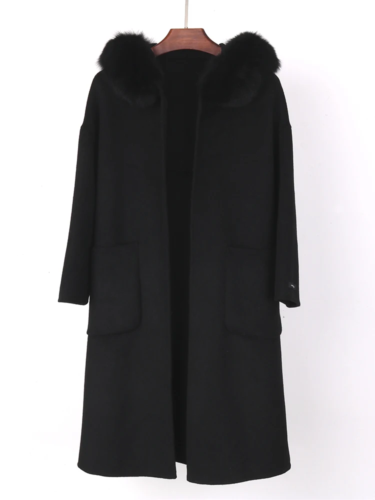 Winter Women Real Fur Coat Real Fox Fur Trim Hood Jacket 100% Woolen Jacket Oversize Loose Streetwear Office Lady Outerwear Belt