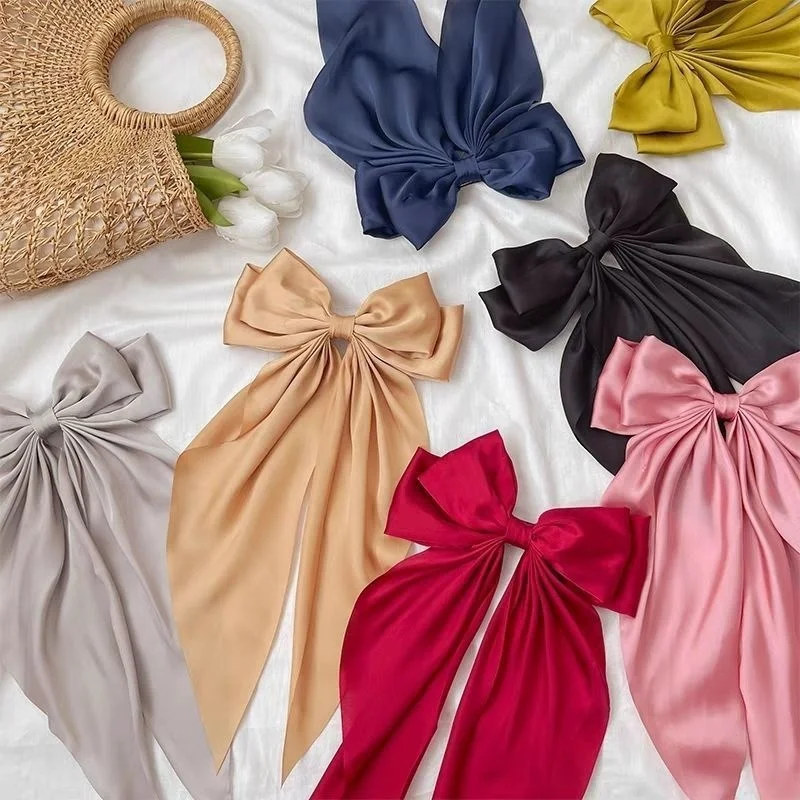

Soild Color Silk Soft Big Bow Long Ribbon Hair Clips For Woman Temperament Cute Elegant Back Head Hairpin Fashion Accessories