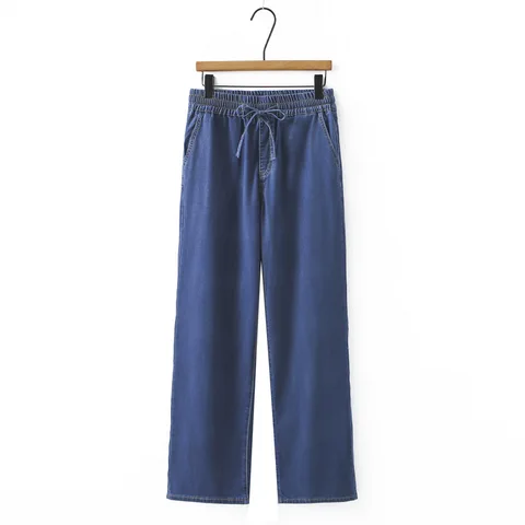 Летние тонкие широкие джинсы больших размеров 100 кг, повседневные джинсы с эластичной резинкой на талии, лиоцелловые прямые брюки для женщин 9365