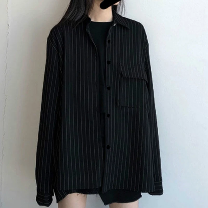 Deeptown Black Blouse Vintage Shirts Women Button Up Long Sleeve Shirt Autumn Korean Style Fashion BF Loose Stripe Print Tops
