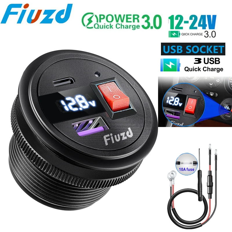 

Автомобильное зарядное устройство QC3.0, двойной USB-разъем прикуривателя с переключателем вольтметра, адаптер для быстрой зарядки 12/24 В, автомобильные аксессуары