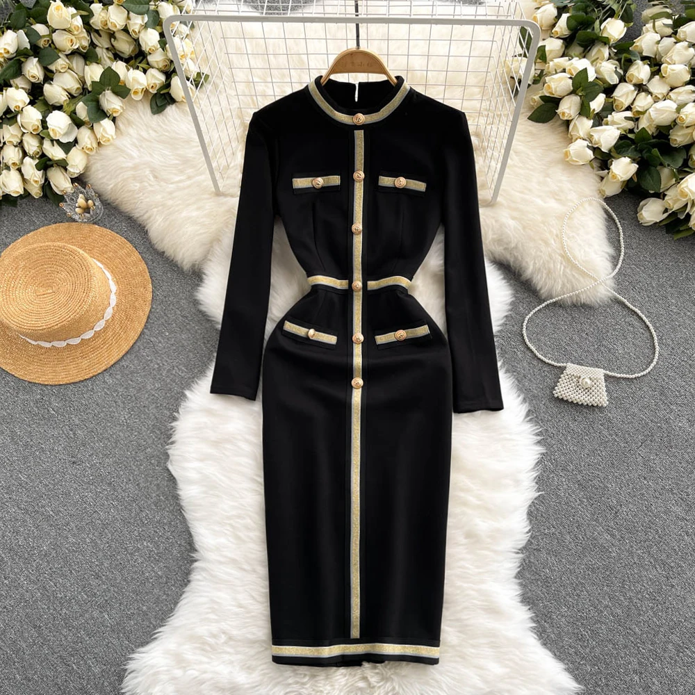 

D171 Women New Fashion Autumn Winter Retro Round Neck Long Sleeve Split Package Hip Black Dress Vestidos