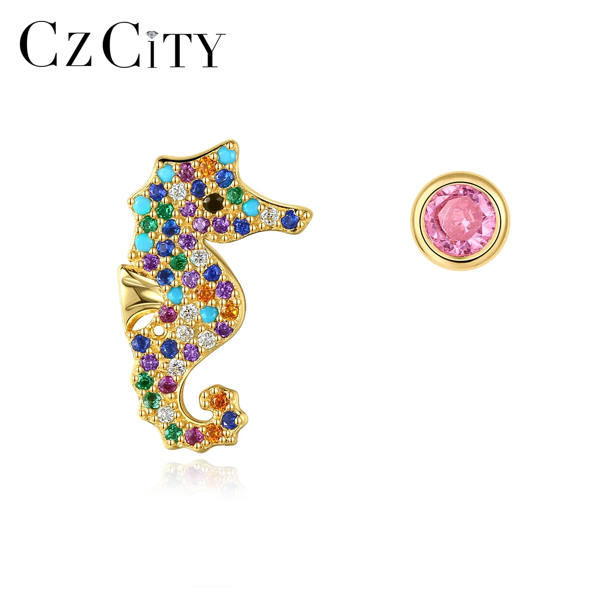 

CZCITY New Fashion Cute Hippocampus Colorful CZ Stud Earrings for Women Fine Jewelry 925 Sterling Silver Annimal Pendientes Gift