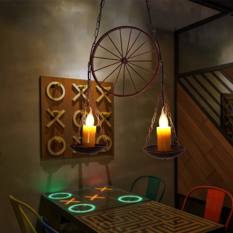 

Vintage Iron Chandelier Loft Industrial Coffee Shop Hot Pot Restaurant Bar Hanging Light E14 Wheel Candle Pendant Lamp
