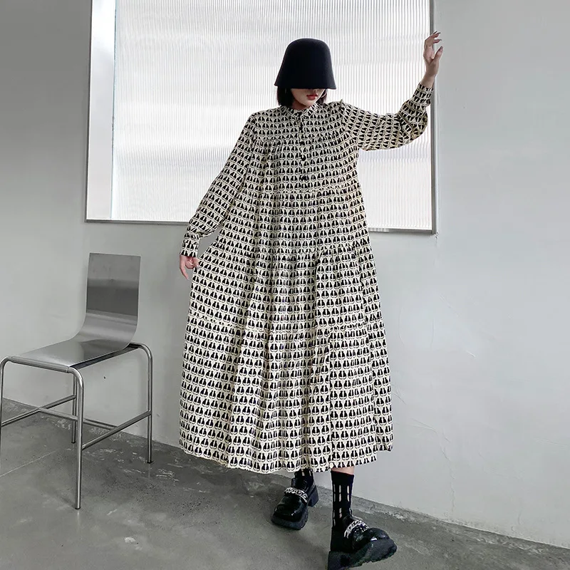 

SuperAen Stand Collar Dress for Women Autumn 2022 New Loose Design A-LINE Print Long Sleeve Dress