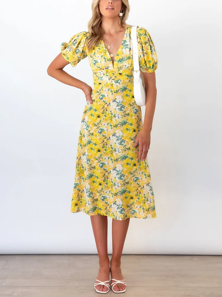 

Dresses For Women 2022 Elegant Vacation Beach Style Floral Print Dress V Neck Short Puff Sleeve Knee Length Midi Summer Dress