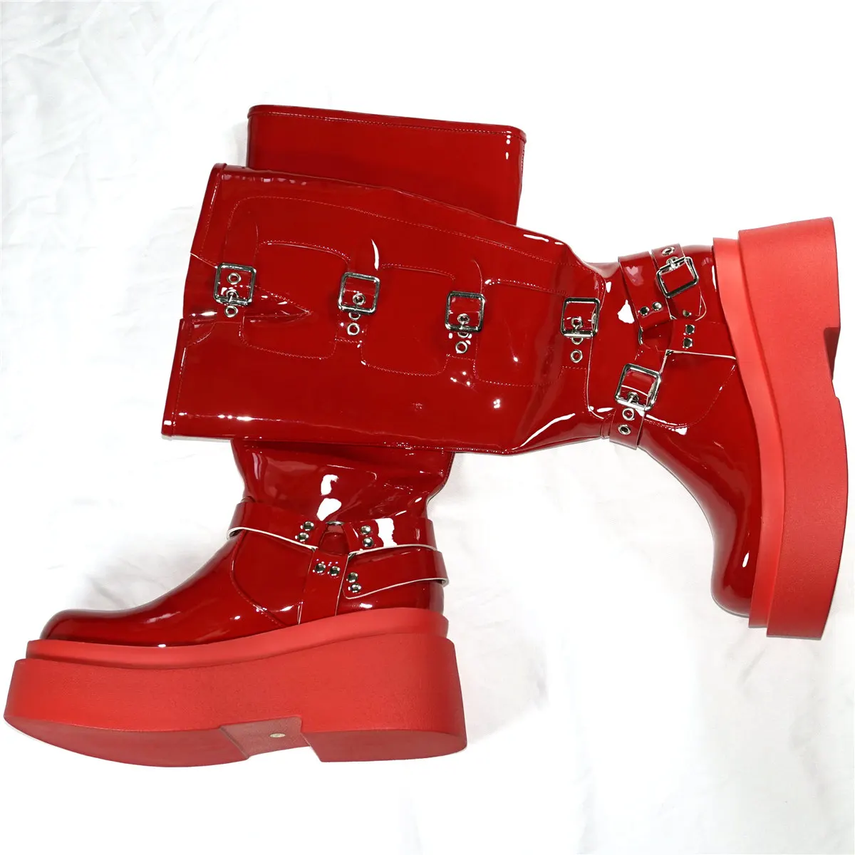 Super High Heels Fashion Sneakers Women Red Patent Leather Wedges Knee High Boots Female Round Toe Platform Pumps Casual Shoes