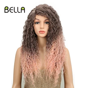 Bella Part Lace Wigs Synthetic Curly Wave Wigs 26 Inch Ombre Pink Color Cosplay Wigs For Women Heat Resistant Synthetic Wigs