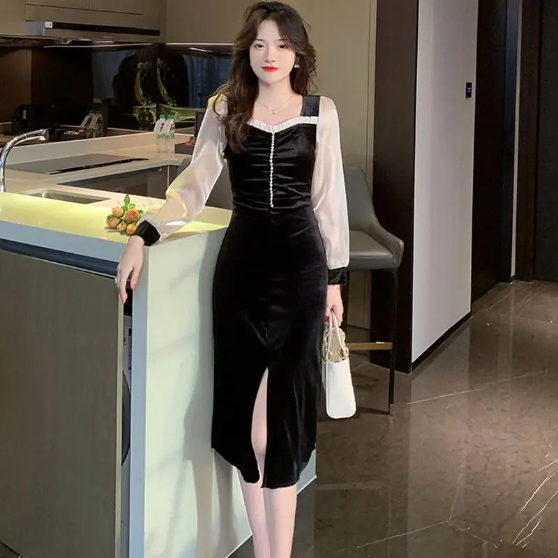 

2022 Women's Dress Autumn New Temperament Tea Break Velvet Split Mid Length Free Shipping