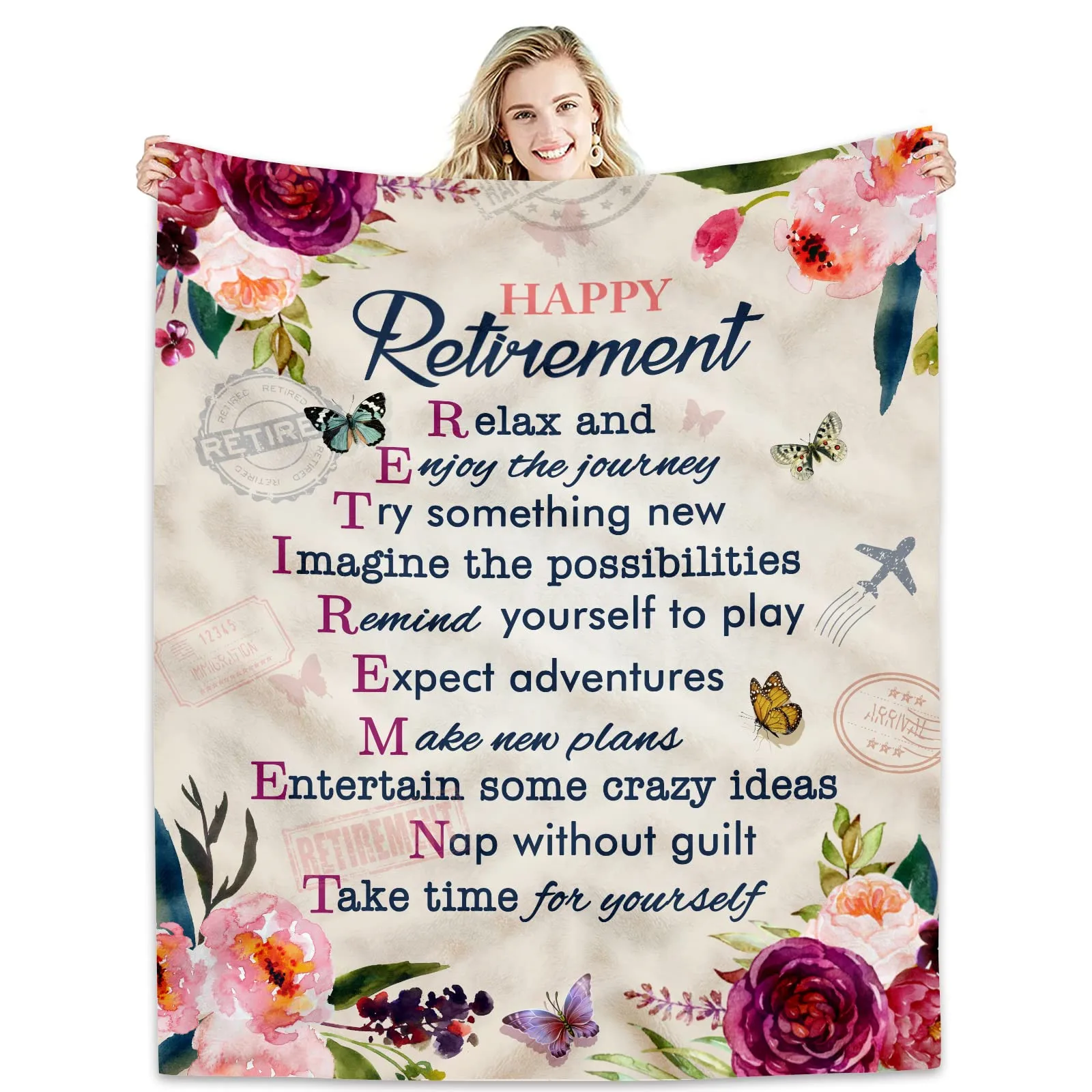 

KACISSTY Happy Retirement Throw Blanket Floral Aircraft Air Mail Printed Blankets Flannel Cozy Quilt Retired Gifts for Women Men