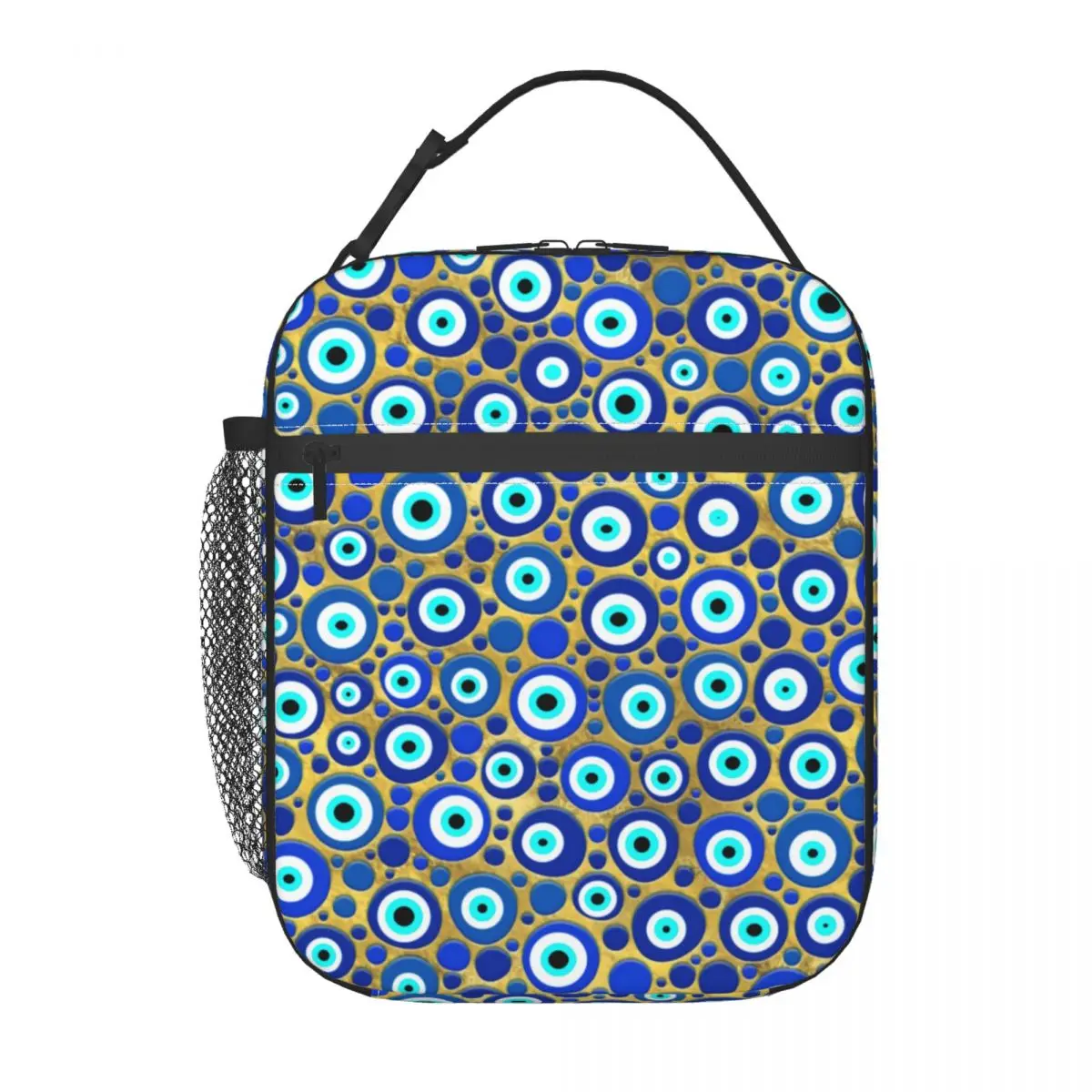 

Blue Evil Eye Print Lunch Bag with Handle Nazar Charm Cooling Mesh Pocket Cooler Bag Office Fancy Meal Thermal Bag