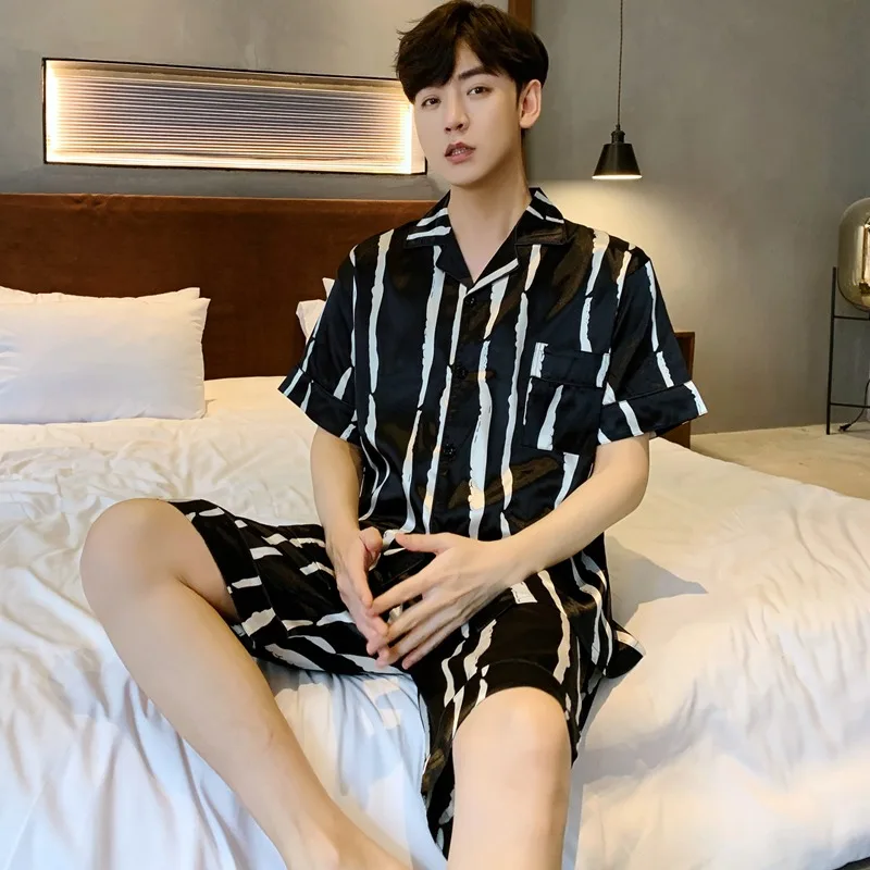 New men's pajamas summer short-sleeved ice silk black and white striped home service suit imitation silk plus size