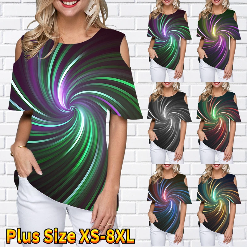 

2023 Summer Fashion T-shirt New Design Printing Tee Shirt Off-the-shoulder Pullover Casual Short Sleeve Women Round Neck Elegant