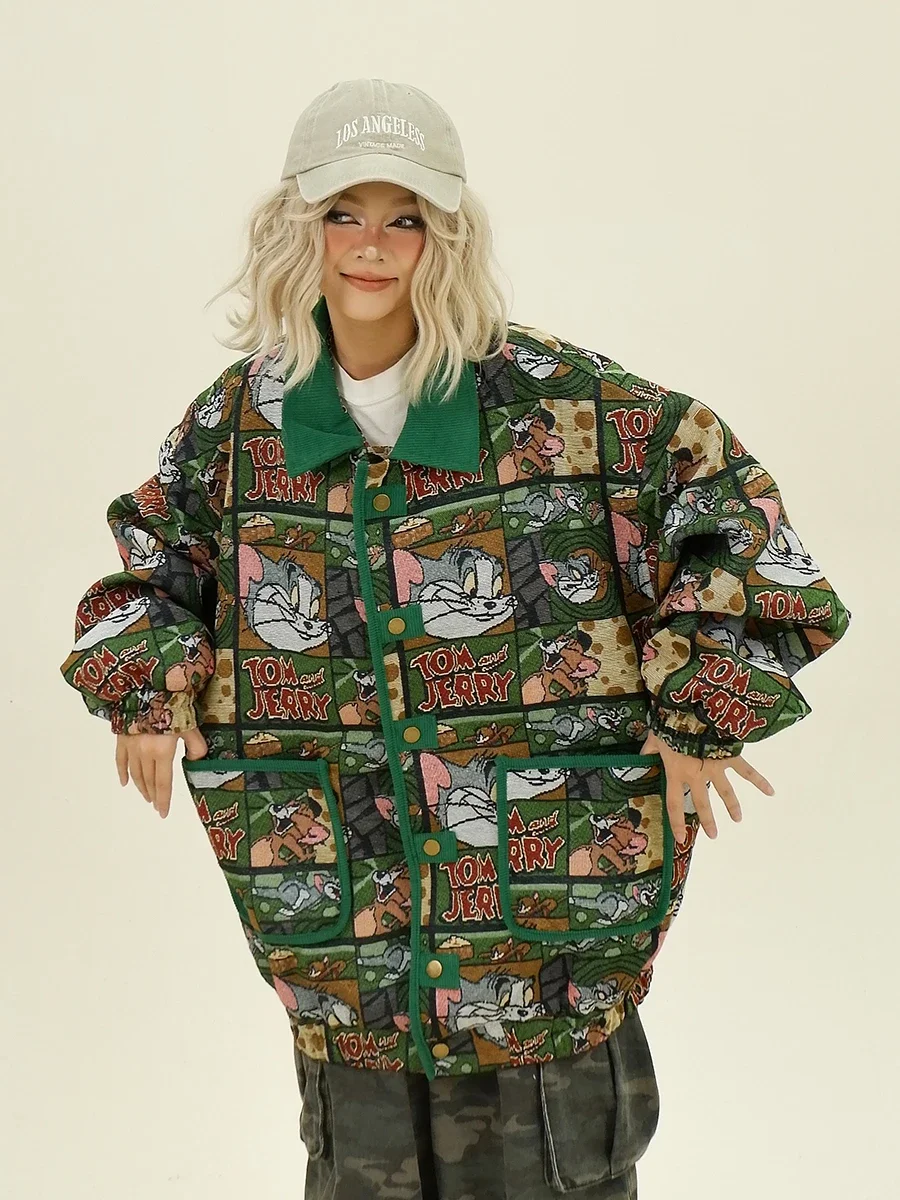 Куртка с отложным воротником изображением веселого кота Новинка осени 2024