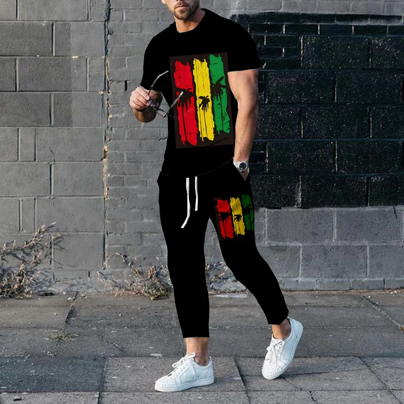 New Arrival BoB Marley Men's Trousers Tracksuit 2 Piece Set Printed Summer Short Sleeve T Shirt+Long Pants Street Unisex Clothes