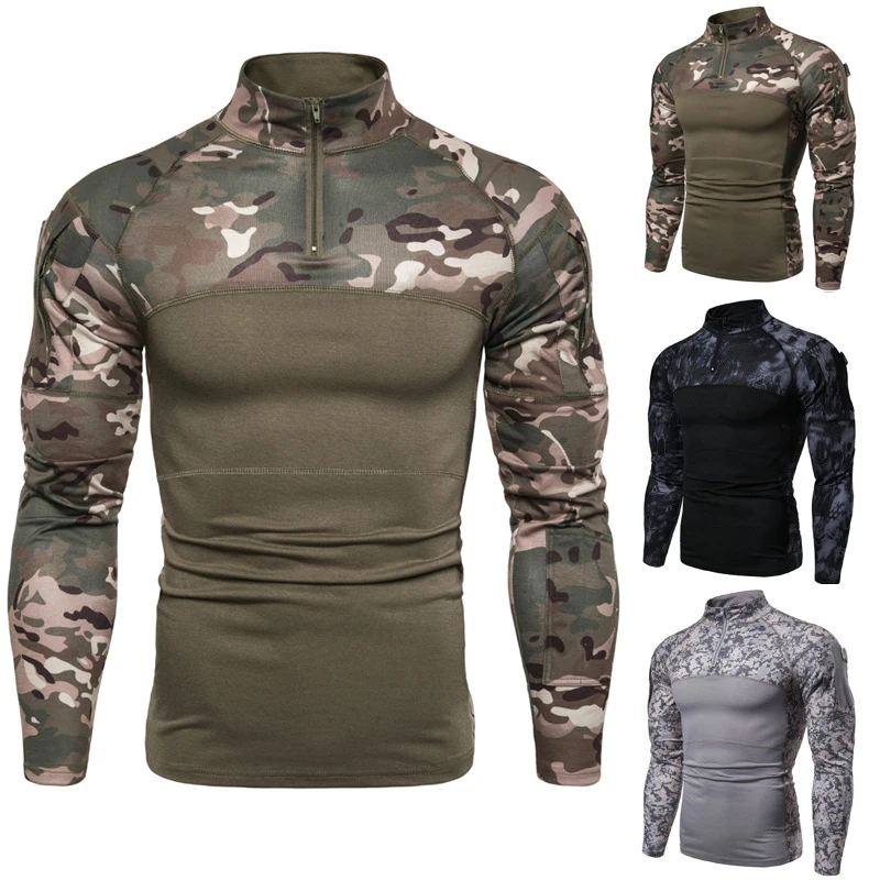 

Men's Tactical Camouflage T-shirts Outdoor Combat Military Uniform Zipper Sweatshirt Mens Long Sleeve Pocket Fitness Shirts Tops