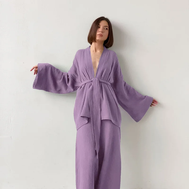 High Quality Pure Cotton Pajama Sets Cardigan Women's Home Clothes Loose Long Sleeve Trousers Loungewear Solid Color Sleepwear