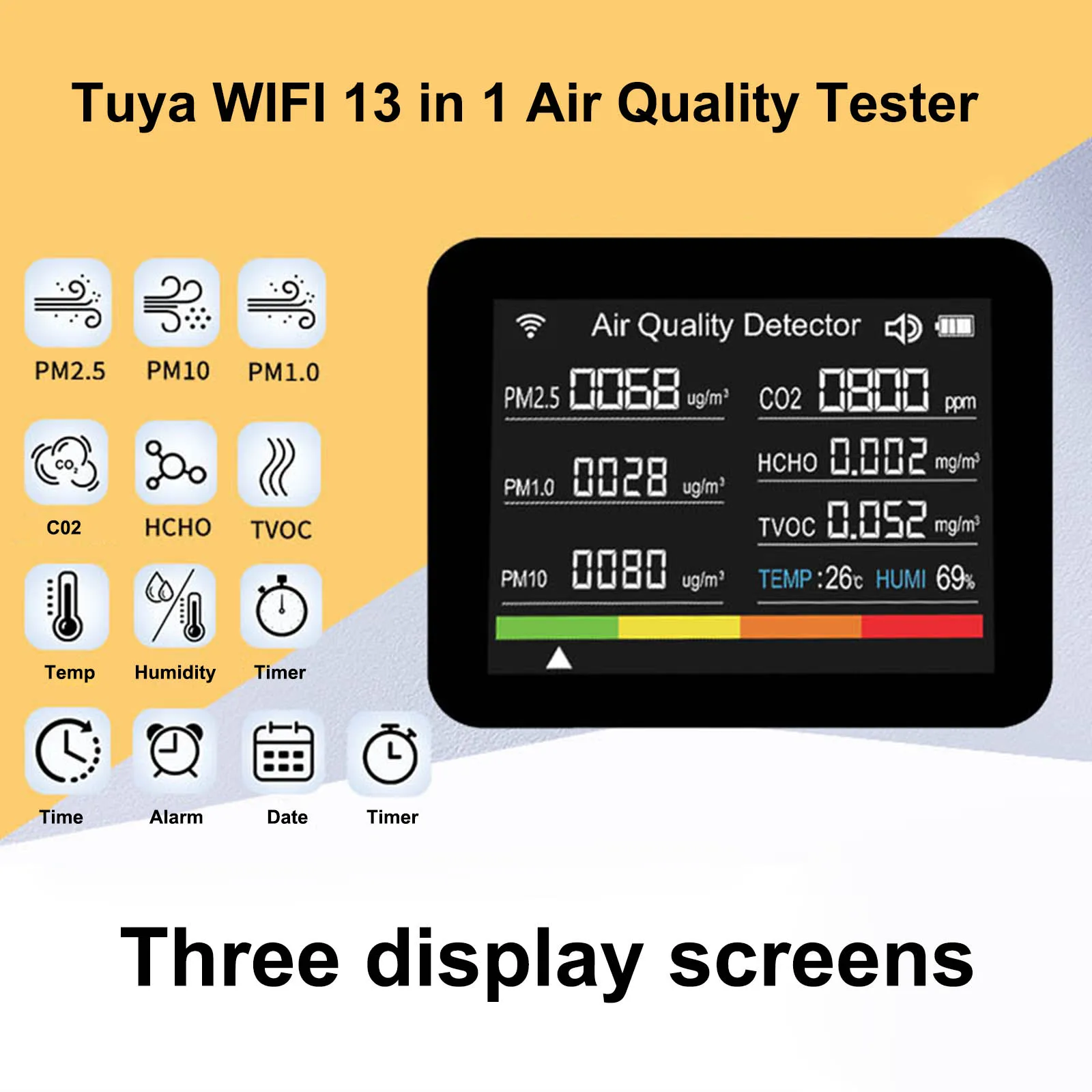 

Измеритель Качества Воздуха Wi-Fi Tuya APP PM2.5 PM10 CO CO2 TVOC HCHO датчик температуры и влажности углекислого газа