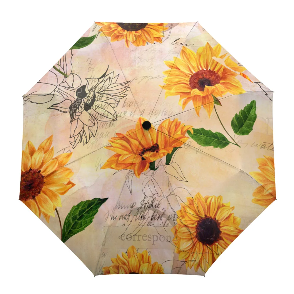 

Sunflower Yellow Lines Retro Windproof Umbrellas Travel Folding Umbrella for Female Male Eight Bone Automatic Printed Parasol