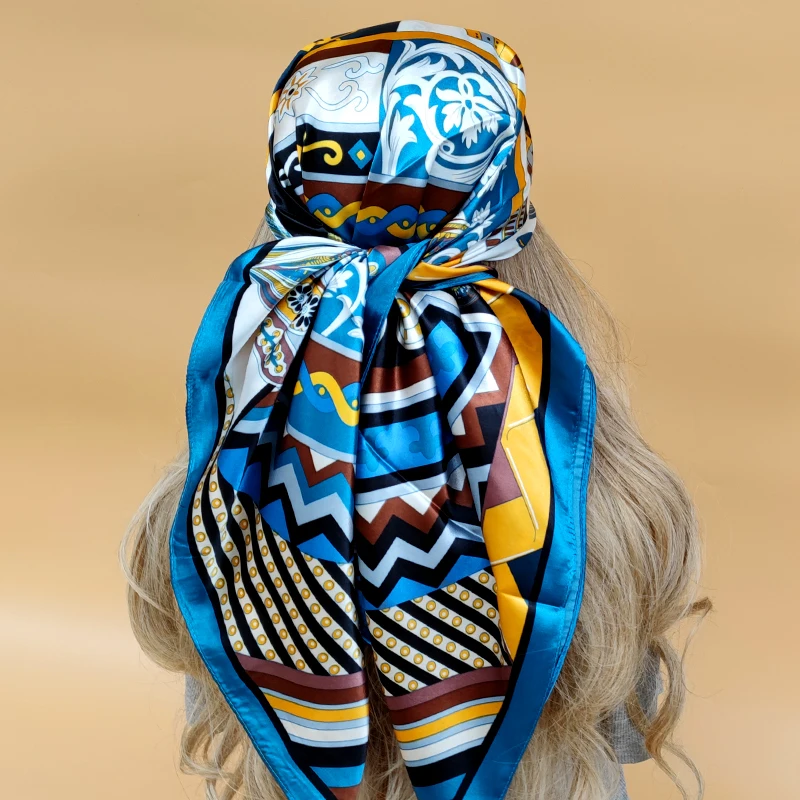 

Популярные женские солнцезащитные Шали на все четыре сезона Новый головной платок модный пляжный квадратный большой платок роскошный дизайн 90x90 см Шелковый Хиджаб
