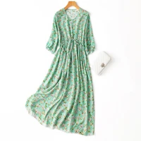 natural silk green long dress summer 2022 thin see through mid calf a line prairie chic print dress elegant pullover
