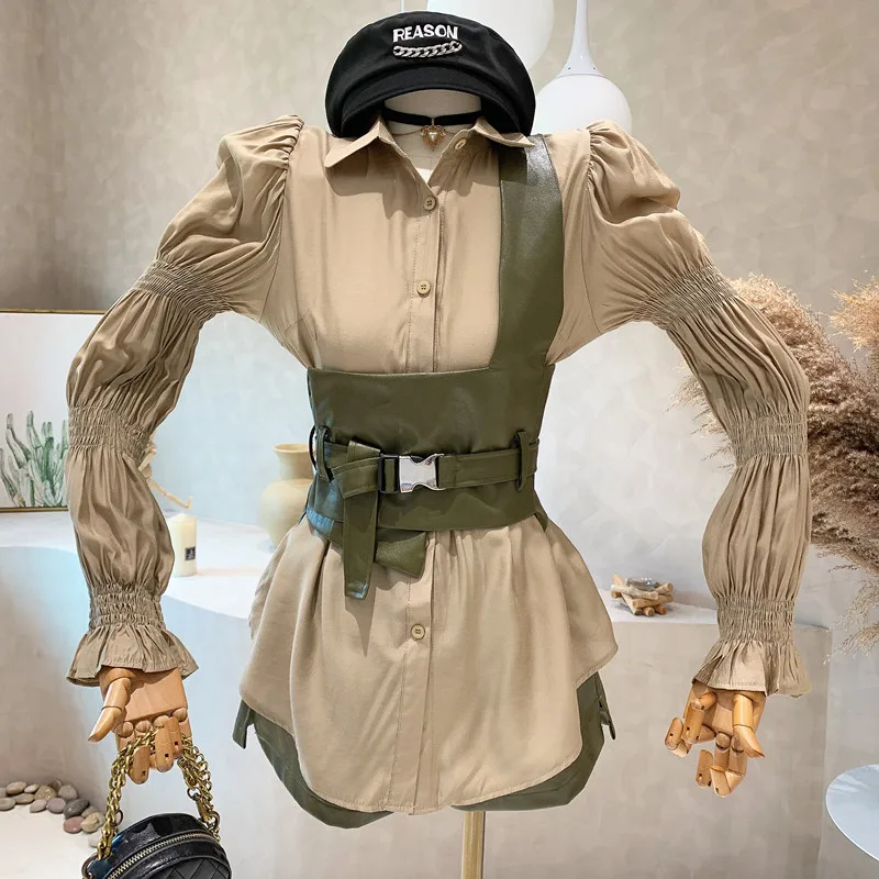 

New Women's Clothing 2022 Autumn Pleated Lantern Sleeve Shirt PU Leather Sling belt High Waist Wide Leg shorts three piece set