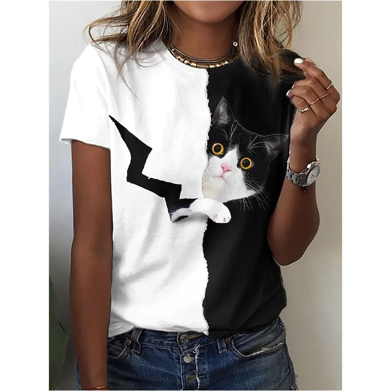 

Женская футболка в стиле Харадзюку, Повседневная футболка большого размера с изображением кота, 2022