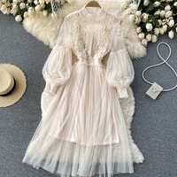 niggeey vintage lace two piece dress women elegant puff sleeve floral fairy dress korean style chiffon summer dress vestido