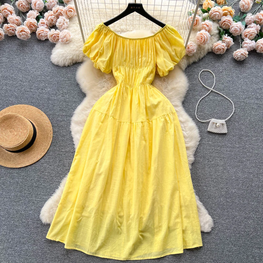 

Korean You&We Style Women's Summer Dress 2023 New Solid O Neck Short Puff Sleeve Elastic Waist A Line Midi Dress with Lining