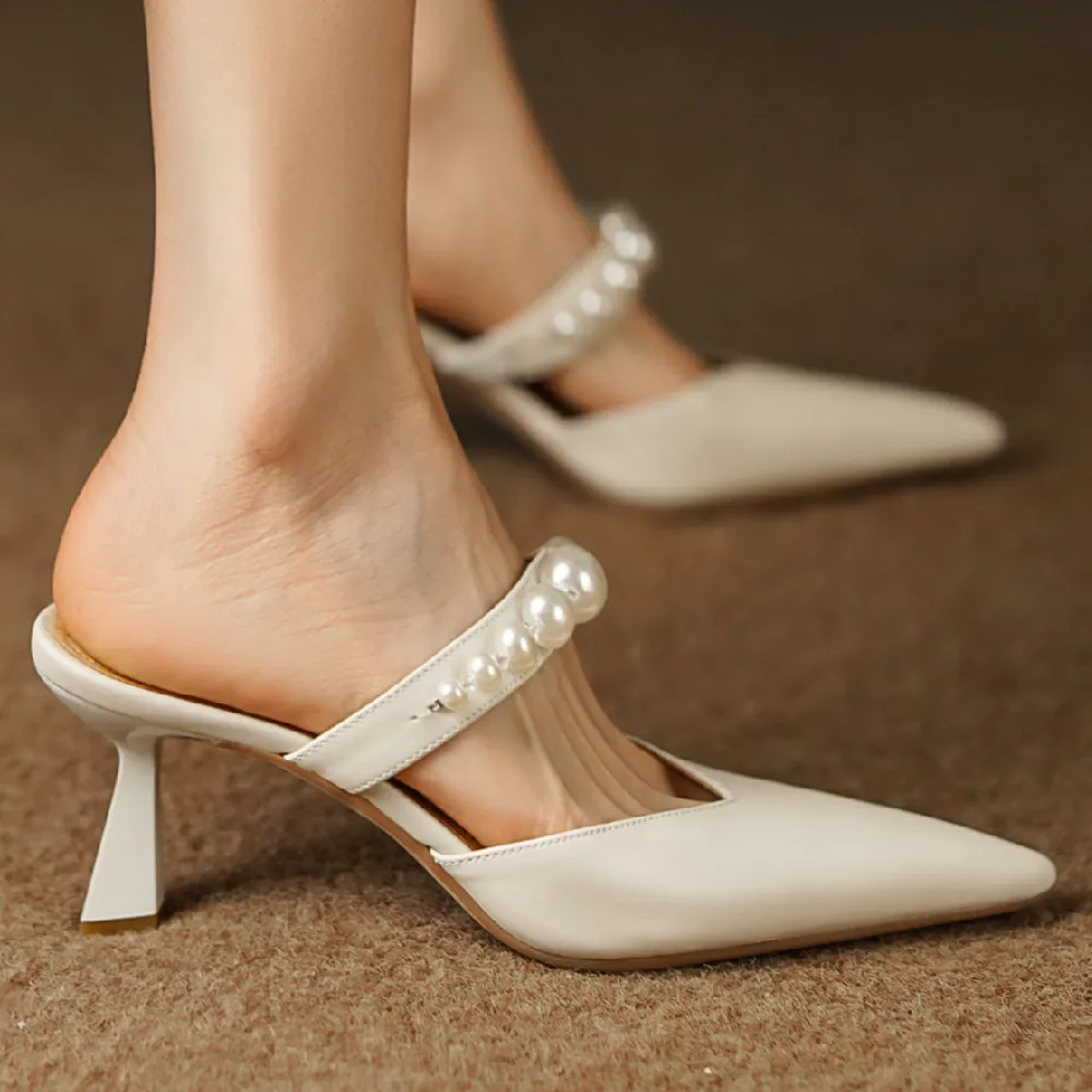 

Женские кожаные мюли gnuine на тонком высоком каблуке с острым носком без застежек Летние Элегантные шлепанцы с ремешком искусственная кожа