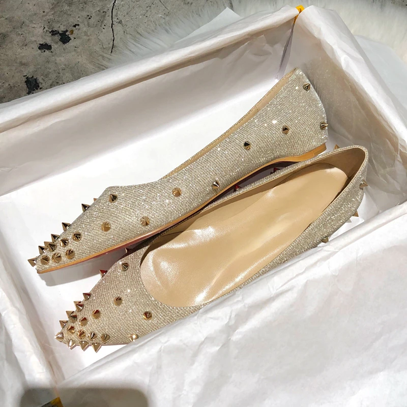 2022 Spring New Pointed Toe Shallow Mouth Rivet Flat Shoes Women's Inner Heightening Liuding Boat Shoes Sequin Crystal Shoes