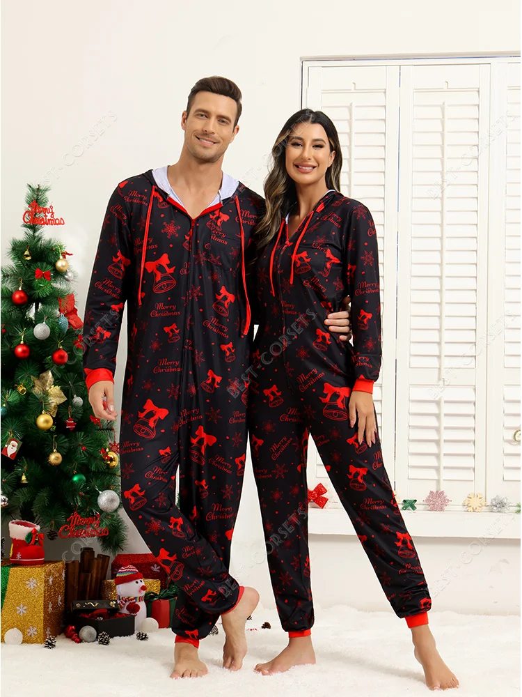 Adults Christmas Pajamas Women Men Striped Onesie Pajamas With Hoodie Zipper Santa Costume Sleepwear