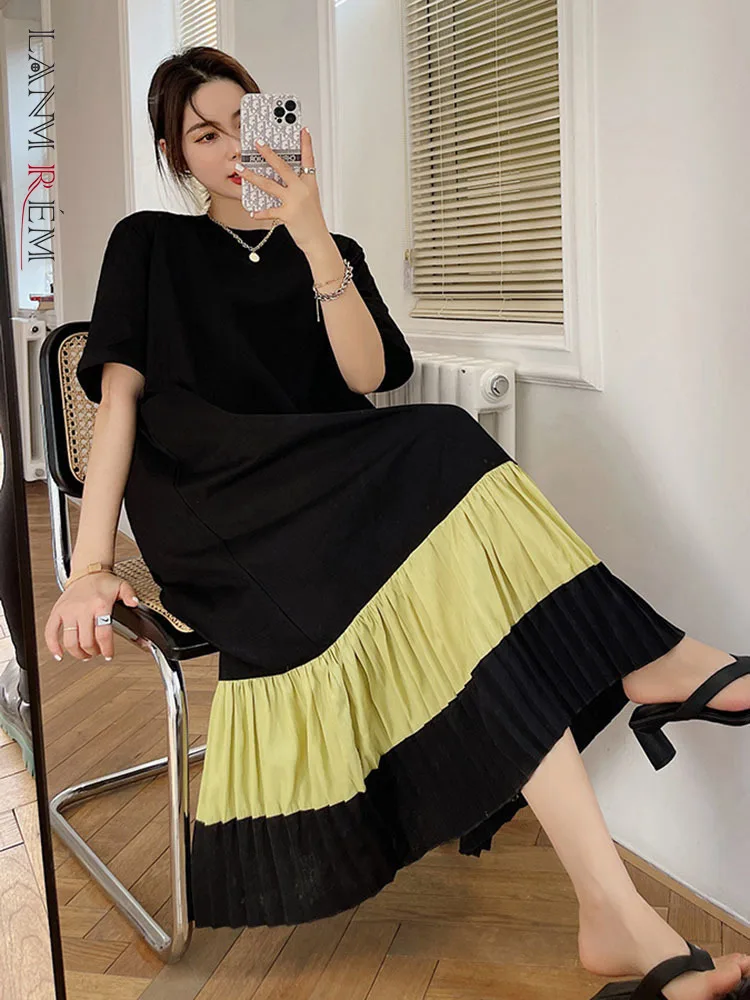 

LANMREM Color Block Stitching Short Sleeve Dress For Women 2022 Summer New Striped Loose Casual Streetwear Clothing 2R2186