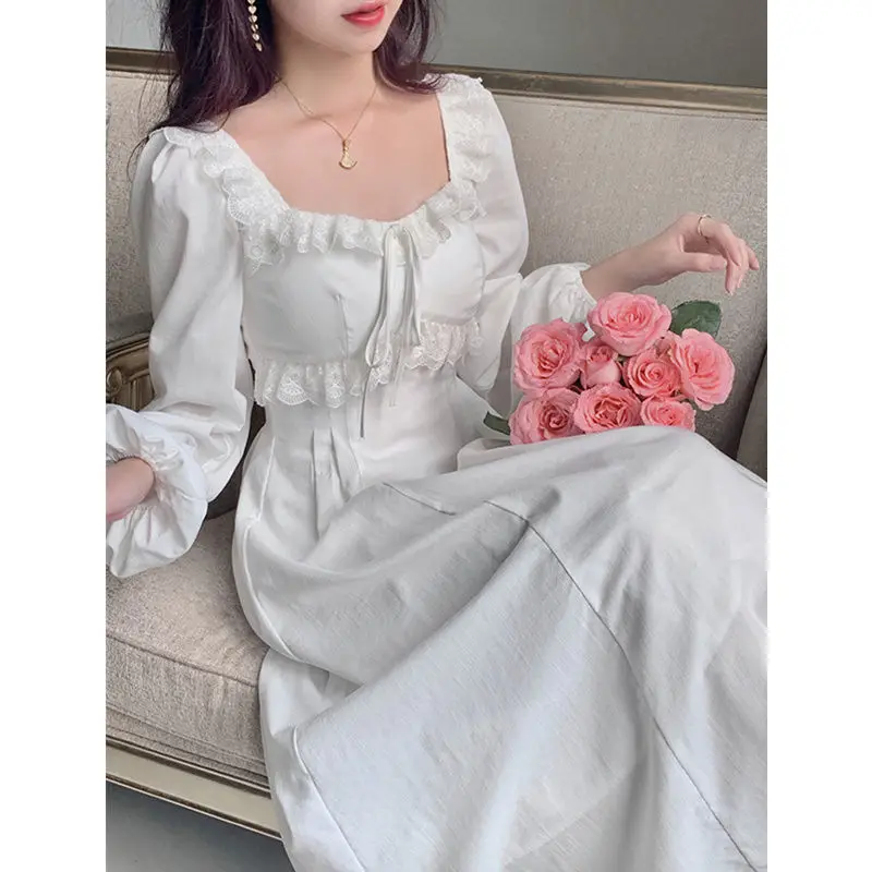 

2022 Vintage Elegant Fairy Princess White Lace Dress Woman French Retro Square Collar Slim Korean Midi Dresses Autumn Clothes