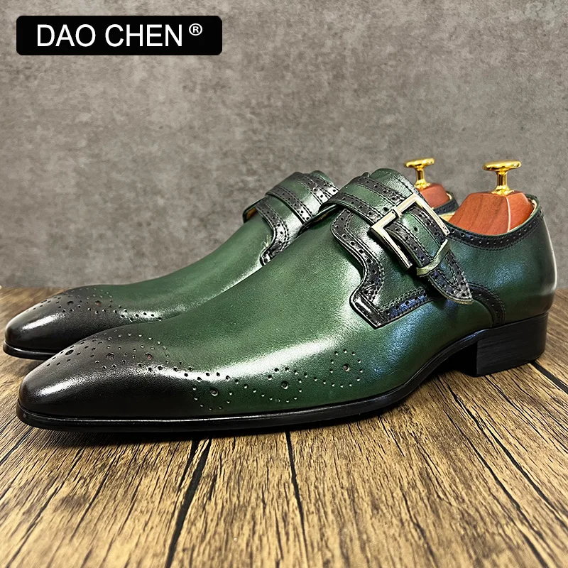 LUXURY BRAND MEN LOAFERS SHOES BUCKLE STRAP ELEGANT MENS DRESS SHOES GREEN BLACK OFFICE WEDDING GENUINE LEATHER CASUAL SHOES MEN