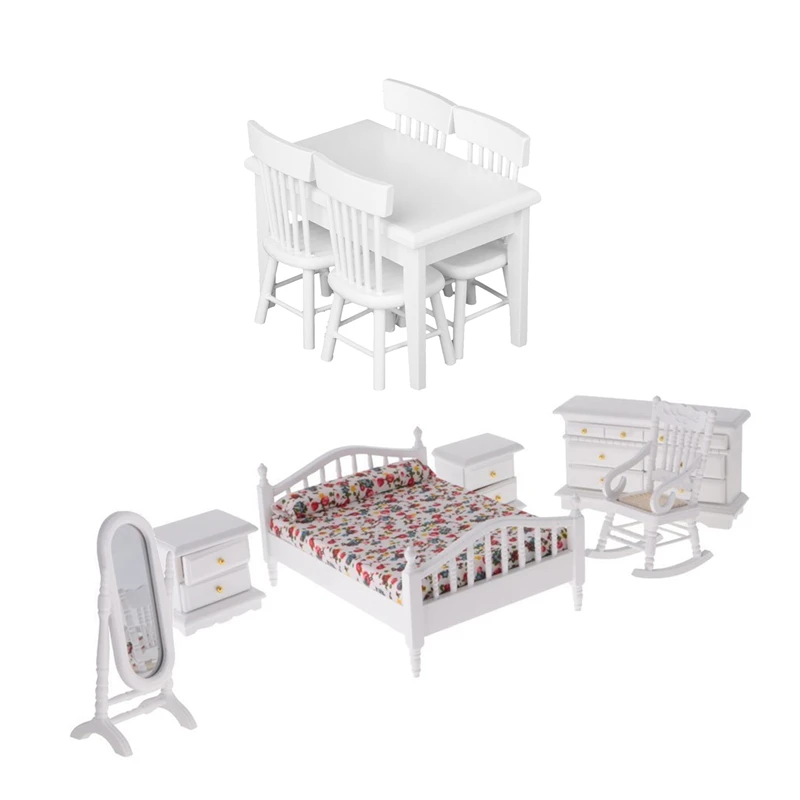 

5 Piece Model Table Chair a Manger Set Furniture Doll House Miniature White 1 / 12 & 1 set 1: 12 Dollhouse Miniature White Woode
