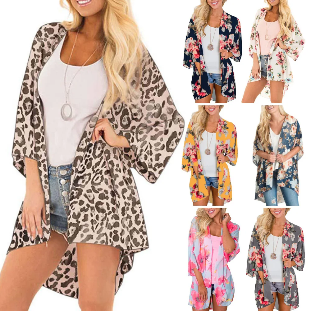 

Women Floral Leopard Print Half Sleeve Shawl Chiffon Kimono Beach Cardigan Bikini Cover Up Wrap Beachwear Outdoor Anti-UV Coat