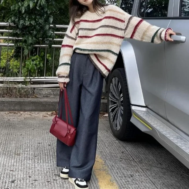 Женский мягкий теплый свитер в полоску винтажный Вязаный топ с коротким рукавом