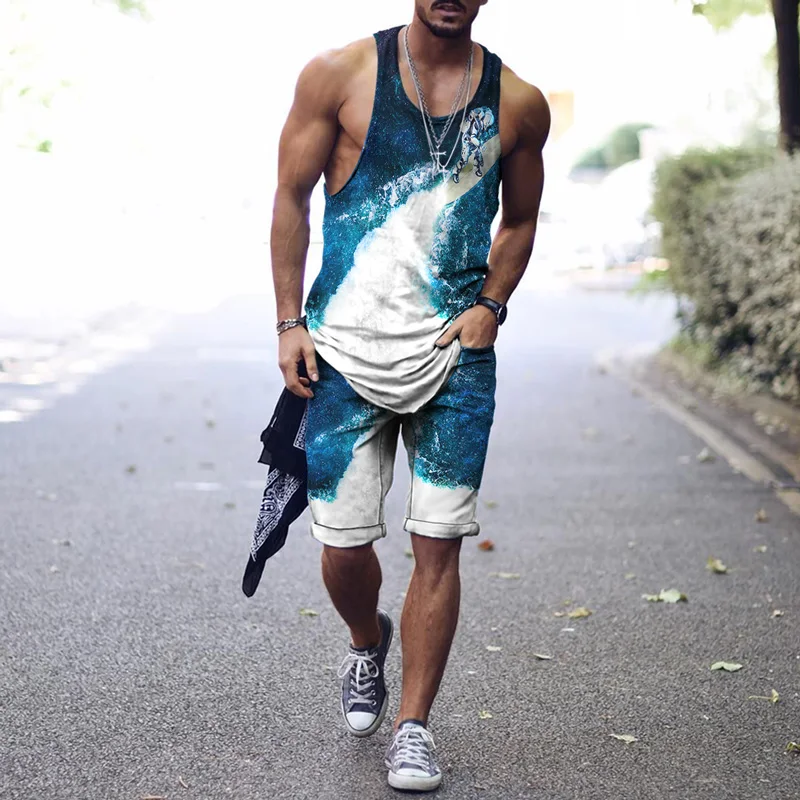 

Summer Men's Tank Top + Sports Shorts Harajuku 3D Fashion Brand Vintage Casual Print Male Jogging Sut 2 Pieces Size S-4XL