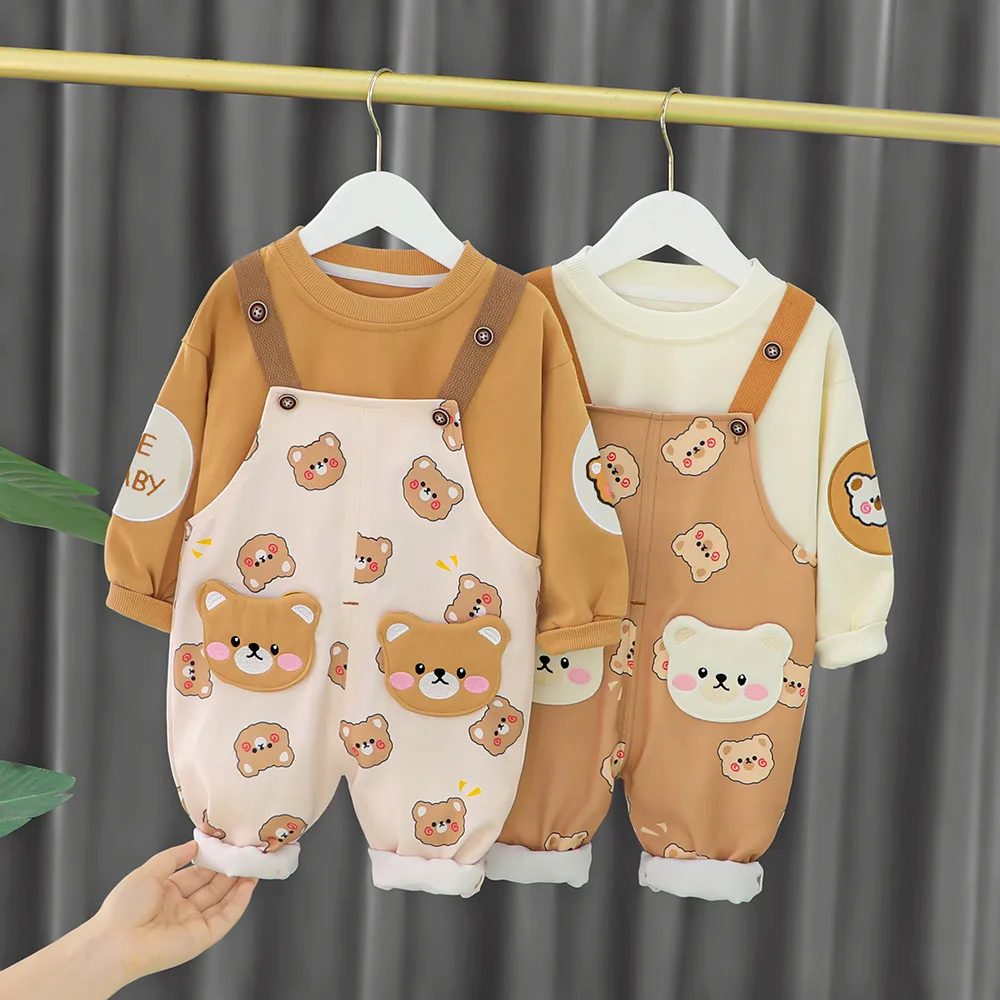 

2022 Winter Children Sets Long Sleeve O Neck Print Bear Letter Brown Pink Cute 2Pcs Roupa Infantil Menina Clothes Sets 12M-5T