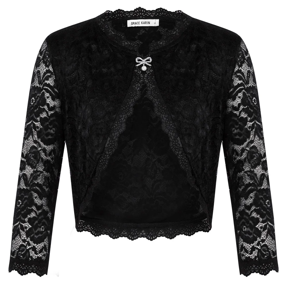 

GK Women Lace Cardigan Bolero Transparent 3/4 Sleeve Crew Neck Elegant Button Irregular Hem Shrug Korean Crochet outwear