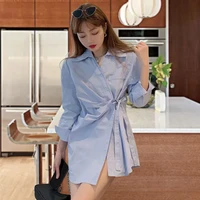 2022 early autumn solid color loose mid length shirt female niche bandage fashion commuter early autumn top