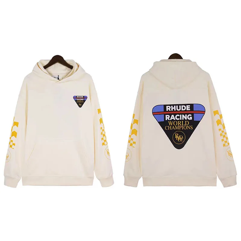 

High Quality Patchwork Rhude Racing Hoodie Men Women Oversize Checkerboard Sleevesfashion Apricot Sweatshirts Pullover