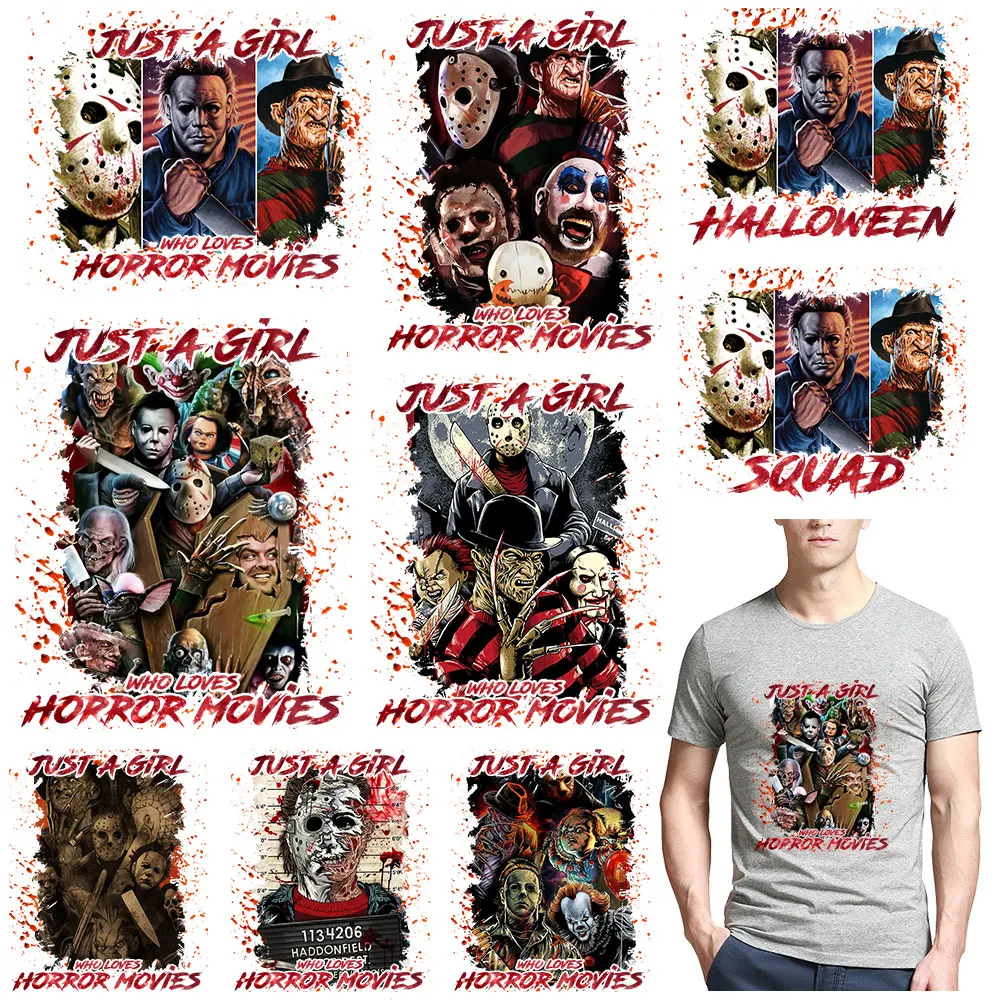 

Just A girl Series Horror Killor Stickers For T-shirt Patches Custom Heart Transfer On Clothes Diy Washable Girl Printing Decals