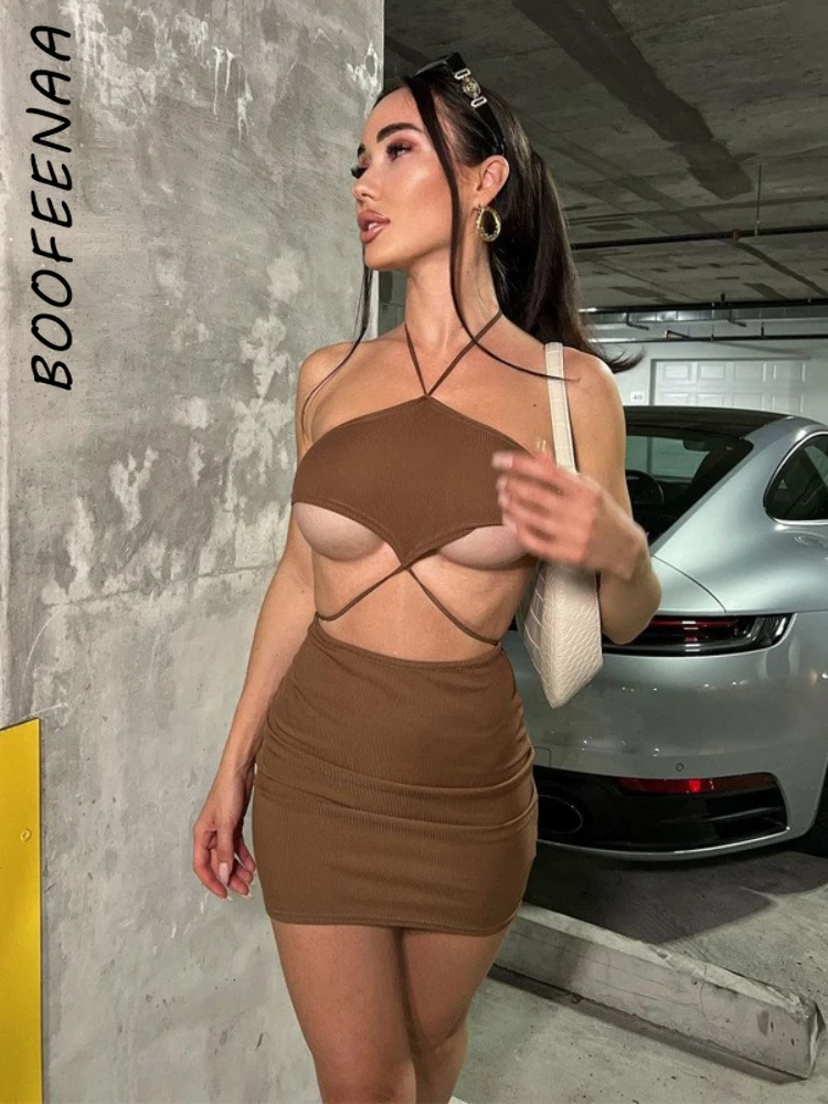 

BOOFEENAA Sexy Night Club Wear Summer Dresses for Women 2022 Fashion Cross Halter Backless Cut Out Bodycon Mini Dress C16-BC14