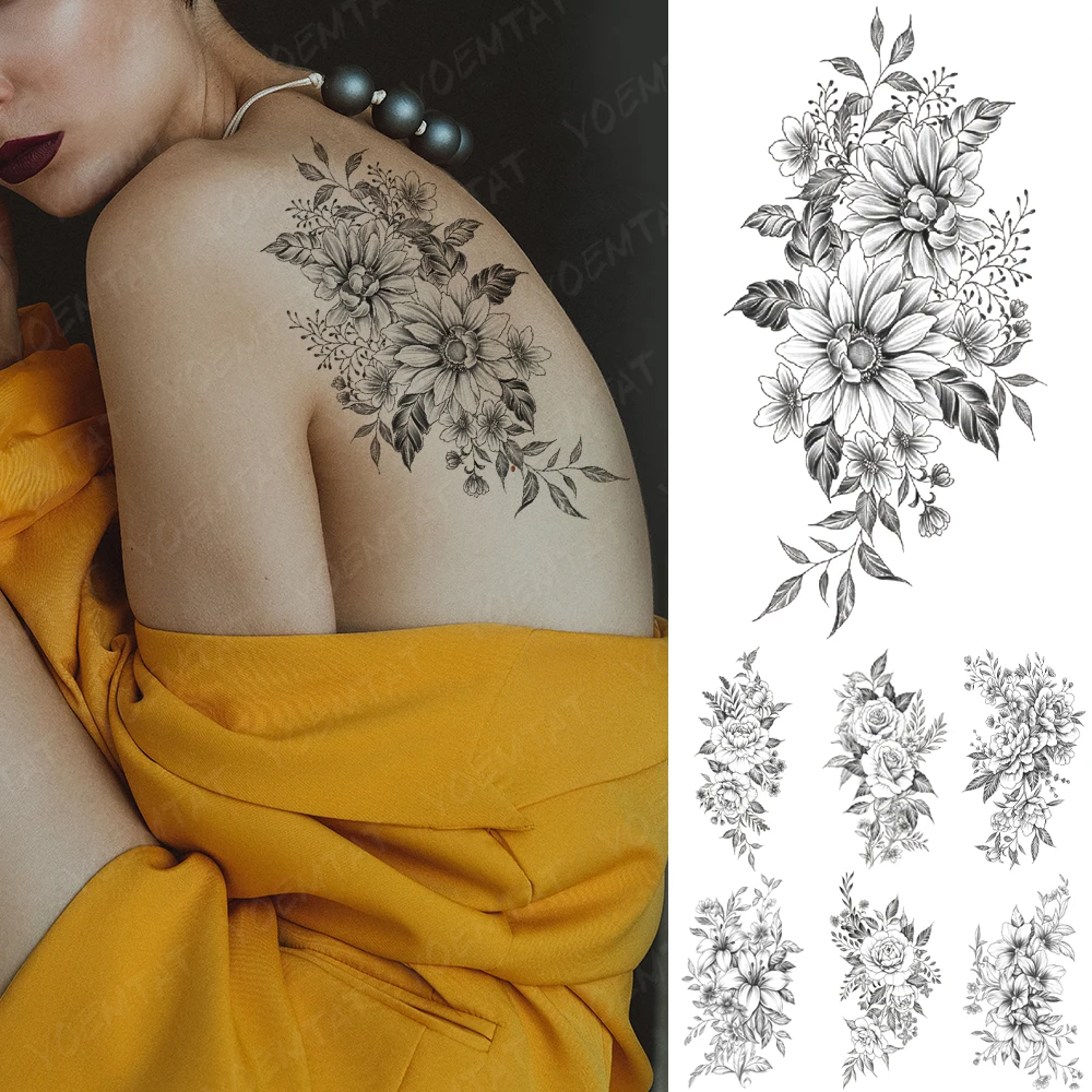 

Waterproof Temporary Tattoo Sticker Line Rose Peony Flower Sunflower Henna Flash Tatto Women Men Back Arm Body Art Fake Tattoos