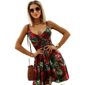 2022 Summer New V-neck Printed Suspender Skirt Waist Mini Dress Fashion Women's Clothing