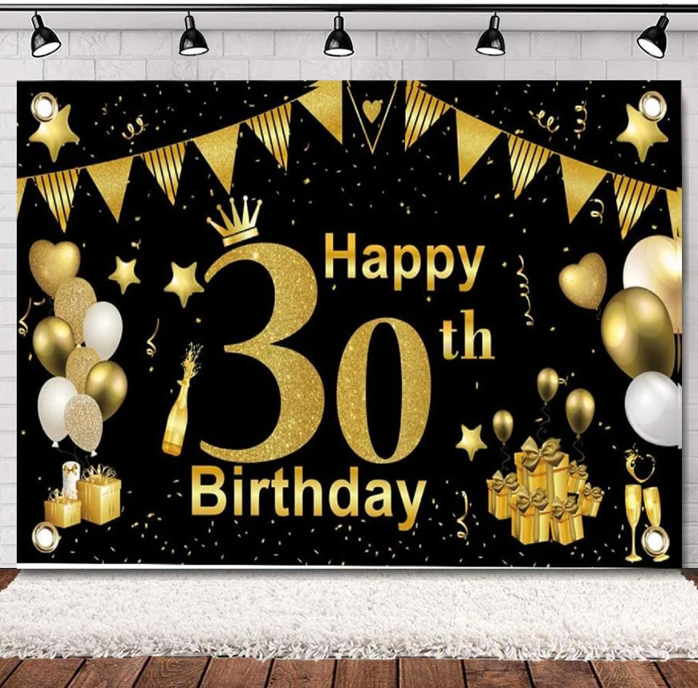 

Happy 30th Birthday Photography Backdrop Black Gold Photo Booth Background Banner Anniversary Poster Party Decoration Supplies