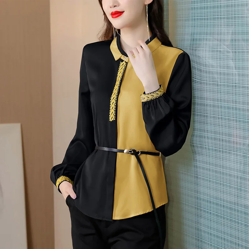 

Women Clothes Contrast Style Belt Shirt Tunics Spring New Long Sleeve Loose Casual Blouse Office Fashion Elegant Spliced Tops